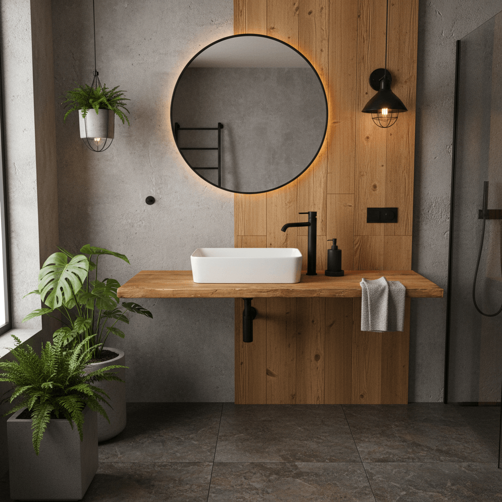 Nowoczesna łazienka z drewnianym blatem, białą umywalką, czarną baterią, okrągłym podświetlanym lustrem oraz roślinami doniczkowymi na tle szarych ścian i płytek.