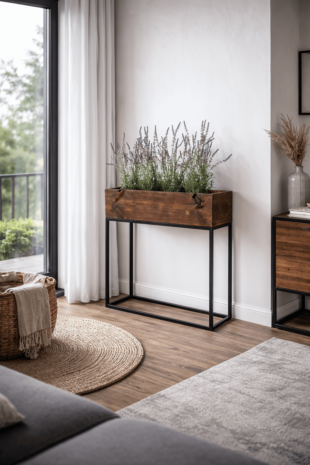 Donica z drewna na czarnych metalowych nogach z zielonymi roślinami, jasne zasłony, drewniana podłoga, okrągły jutowy dywan, rattanowy kosz z jasnym pledem, fragment szarej kanapy i szary dywan.