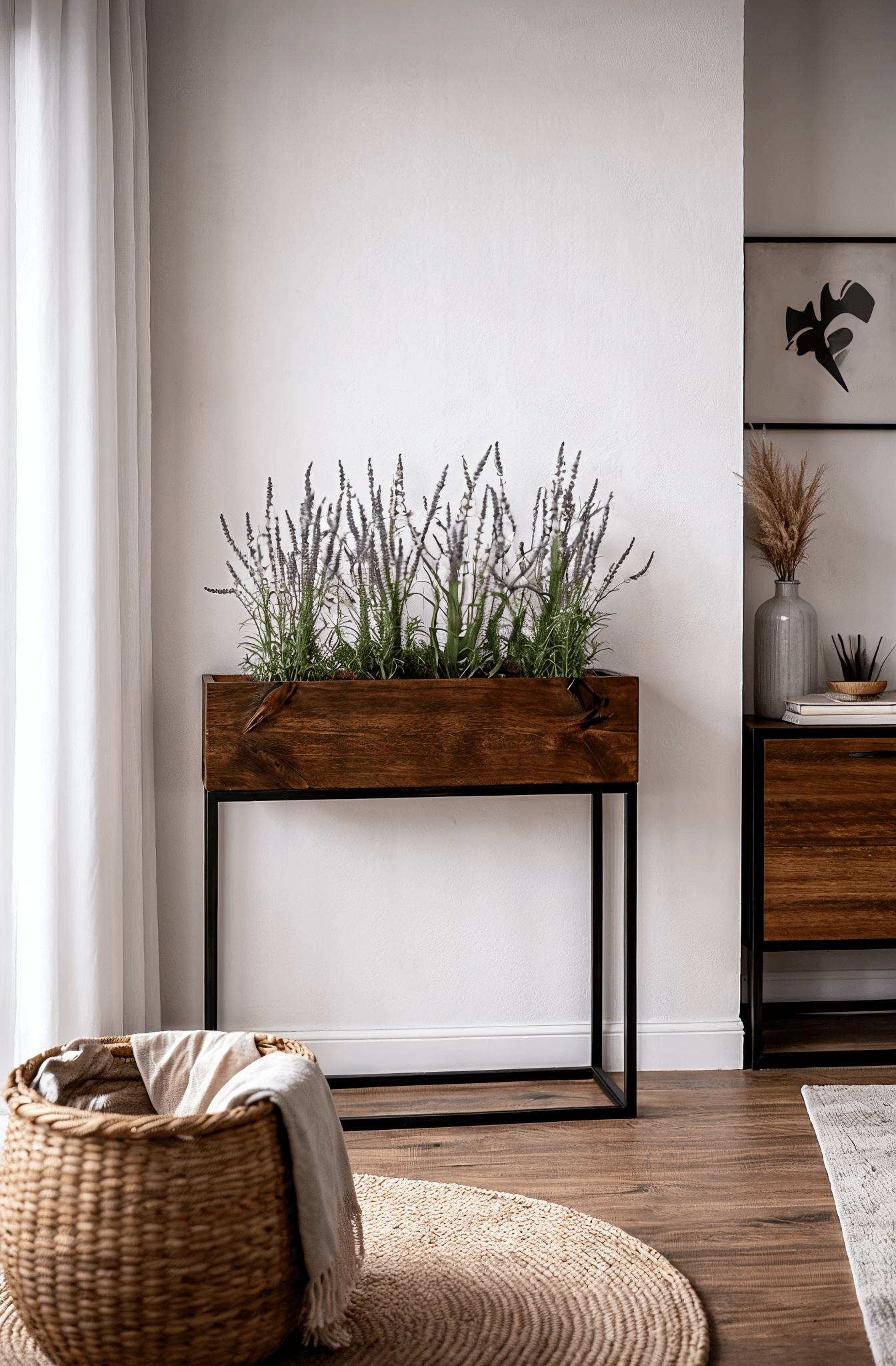 Drewniana donica na metalowej ramie z zielonymi i fioletowymi roślinami, obok pleciony kosz z jasnym kocem, jasne zasłony, drewniana podłoga i ściana w kolorze jasnej szarości.