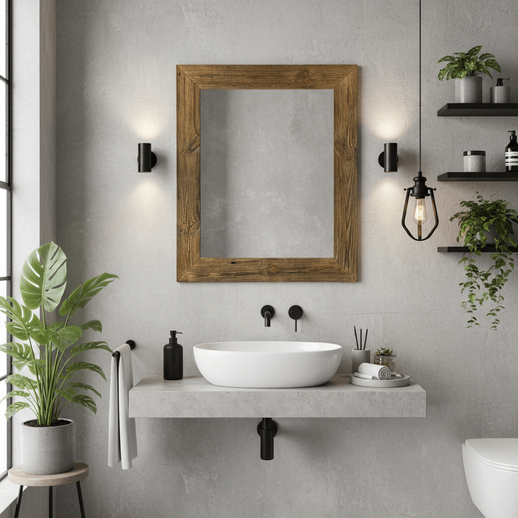 Łazienka z umywalką nablatową, betonowym blatem, lustrem w drewnianej ramie, czarnymi bateriami i oświetleniem, roślinami w donicach oraz półkami z akcesoriami łazienkowymi.