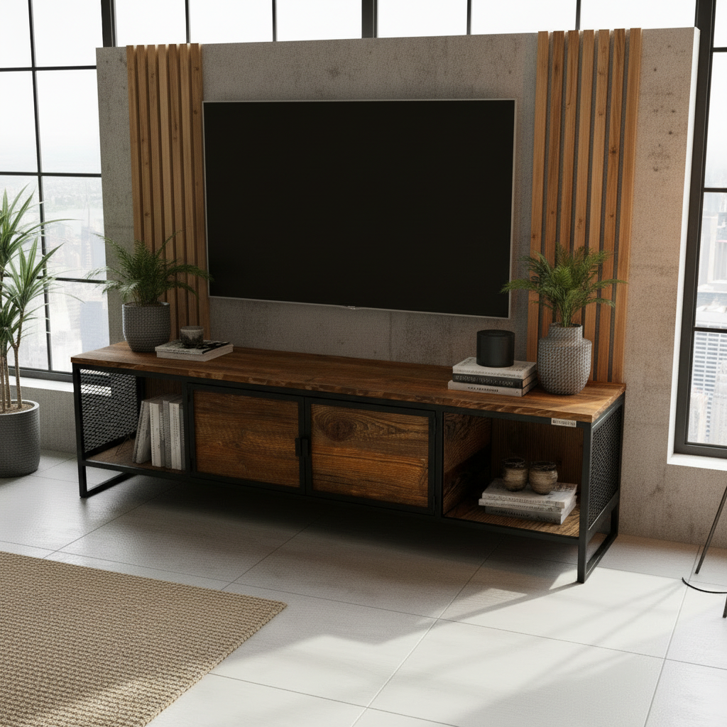 Nowoczesna szafka RTV z drewnianym blatem i czarną metalową ramą, na niej dwie doniczki z zielonymi roślinami, książki i dekoracje, za nią telewizor na ścianie z drewnianymi panelami.
