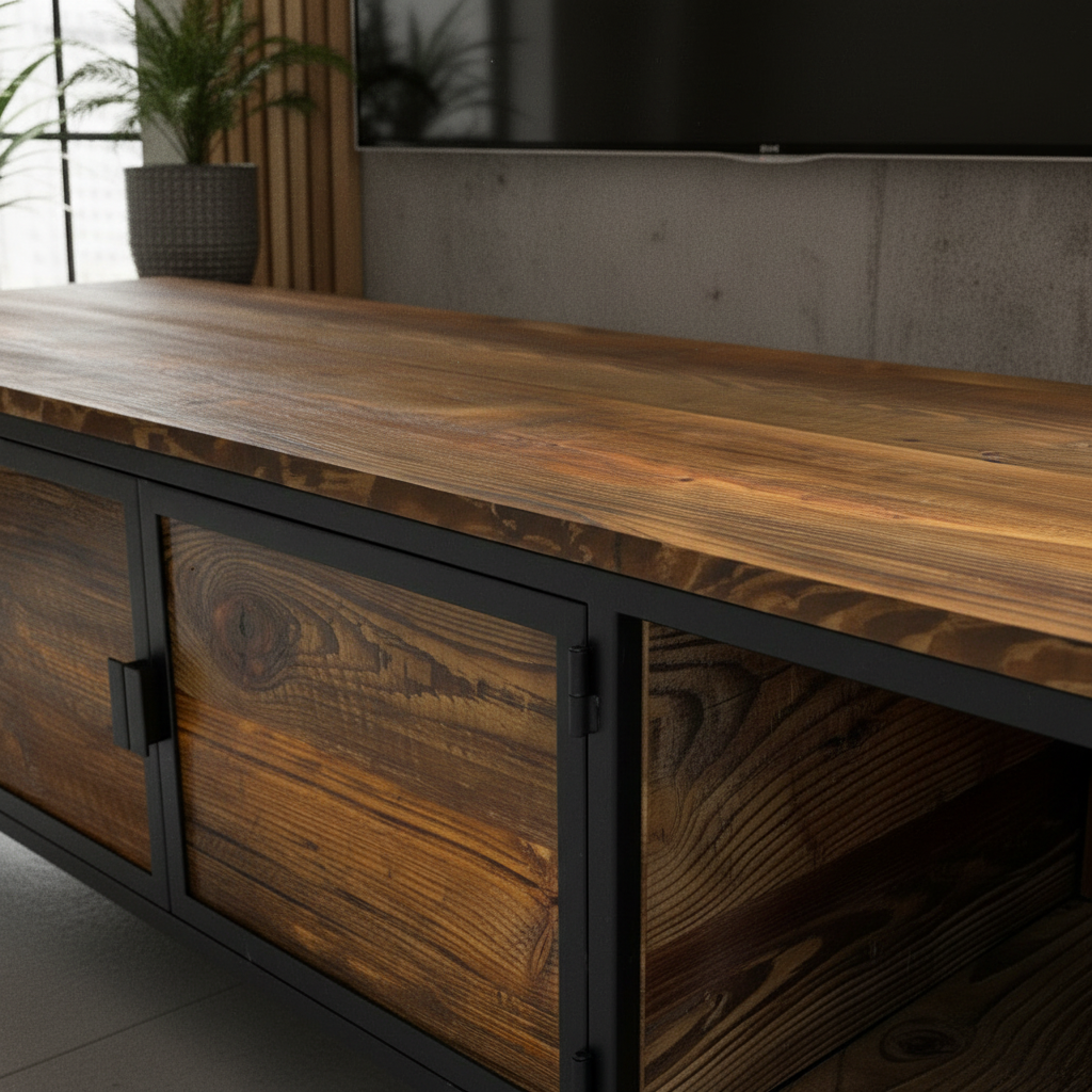 Mebel z ciemnego drewna o wyraźnym usłojeniu, z czarną metalową ramą, na tle szarej ściany i dużego czarnego ekranu, z doniczką z zieloną rośliną po lewej stronie.