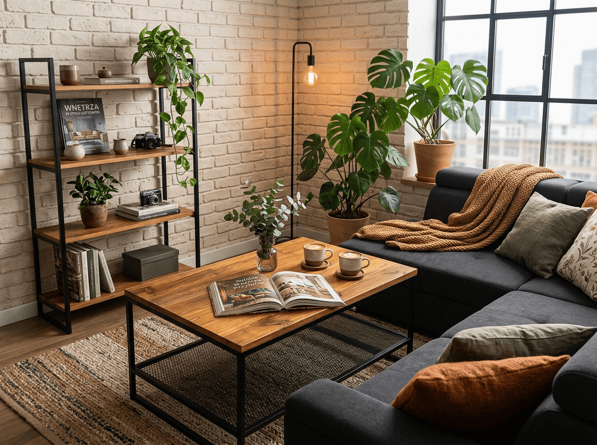 Salon z narożną ciemnoszarą sofą, drewniano-metalowym stolikiem, regałem z roślinami i książkami oraz dużymi doniczkowymi roślinami przy oknie.