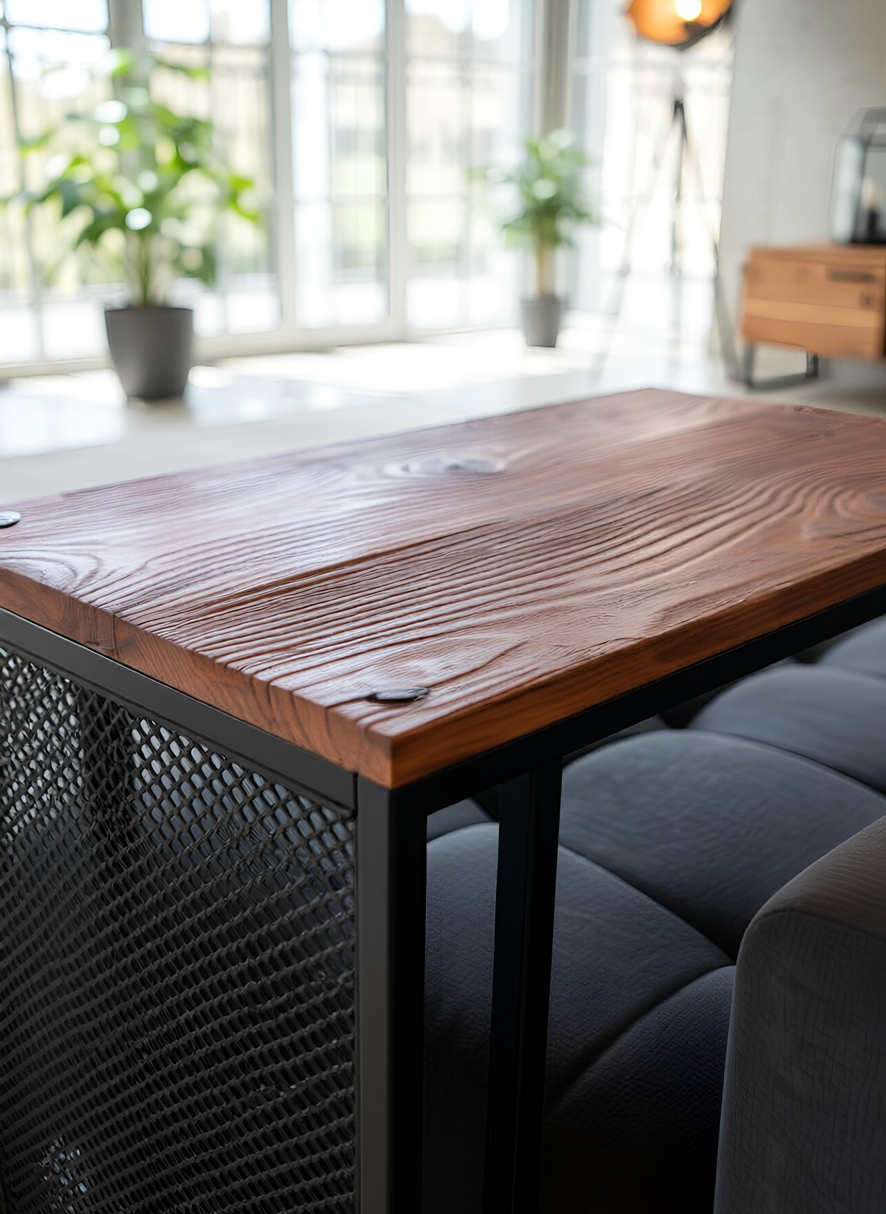 Blat stołu z drewna o wyraźnej fakturze i słojach, metalowa czarna rama z siatką, w tle rozmyte zielone rośliny i jasne okna.