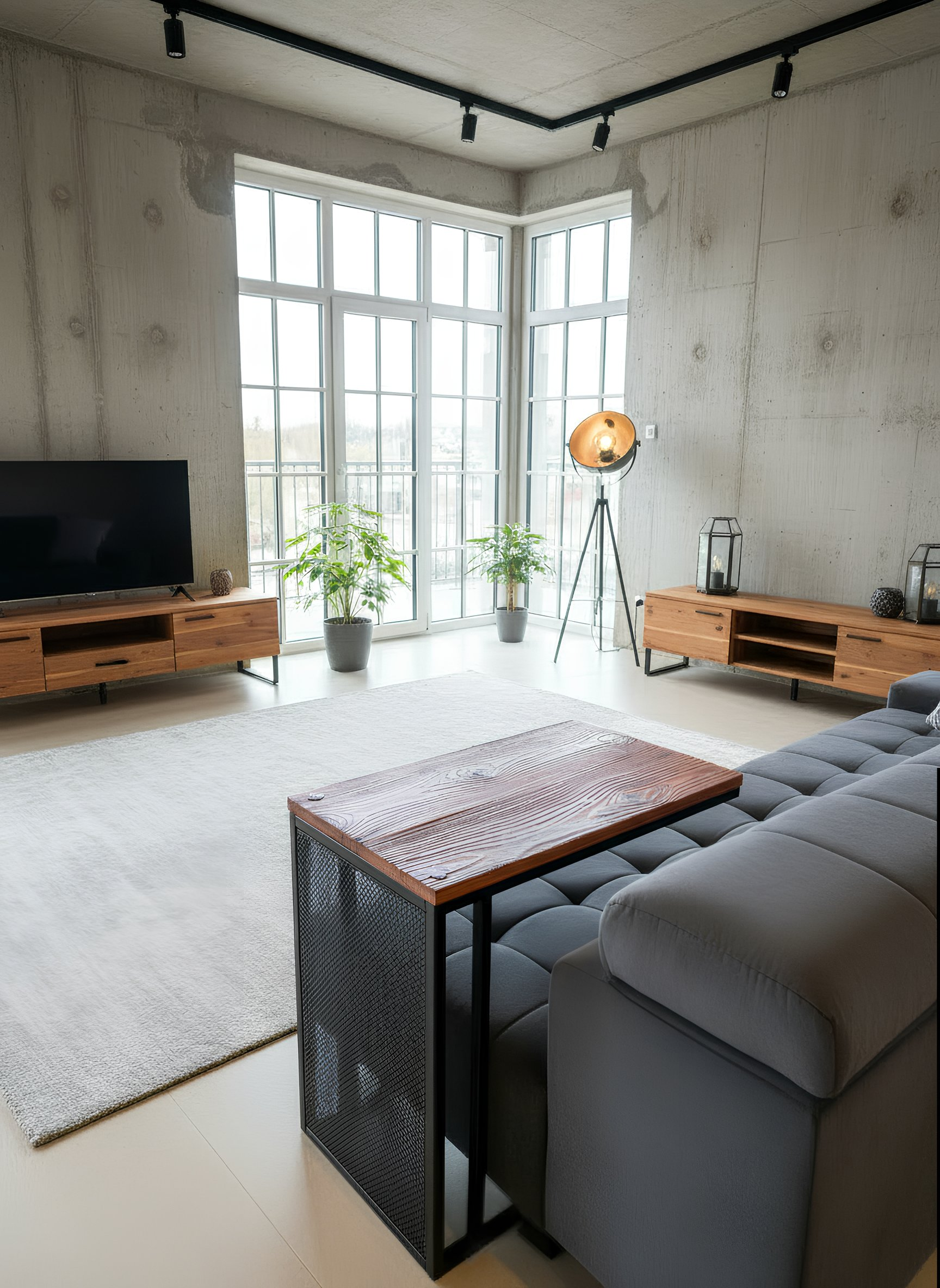 Salon w stylu industrialnym z dużymi oknami, szarą kanapą, drewnianym stolikiem, dwoma drewnianymi szafkami, lampą na trójnogu i dwoma zielonymi roślinami w donicach.