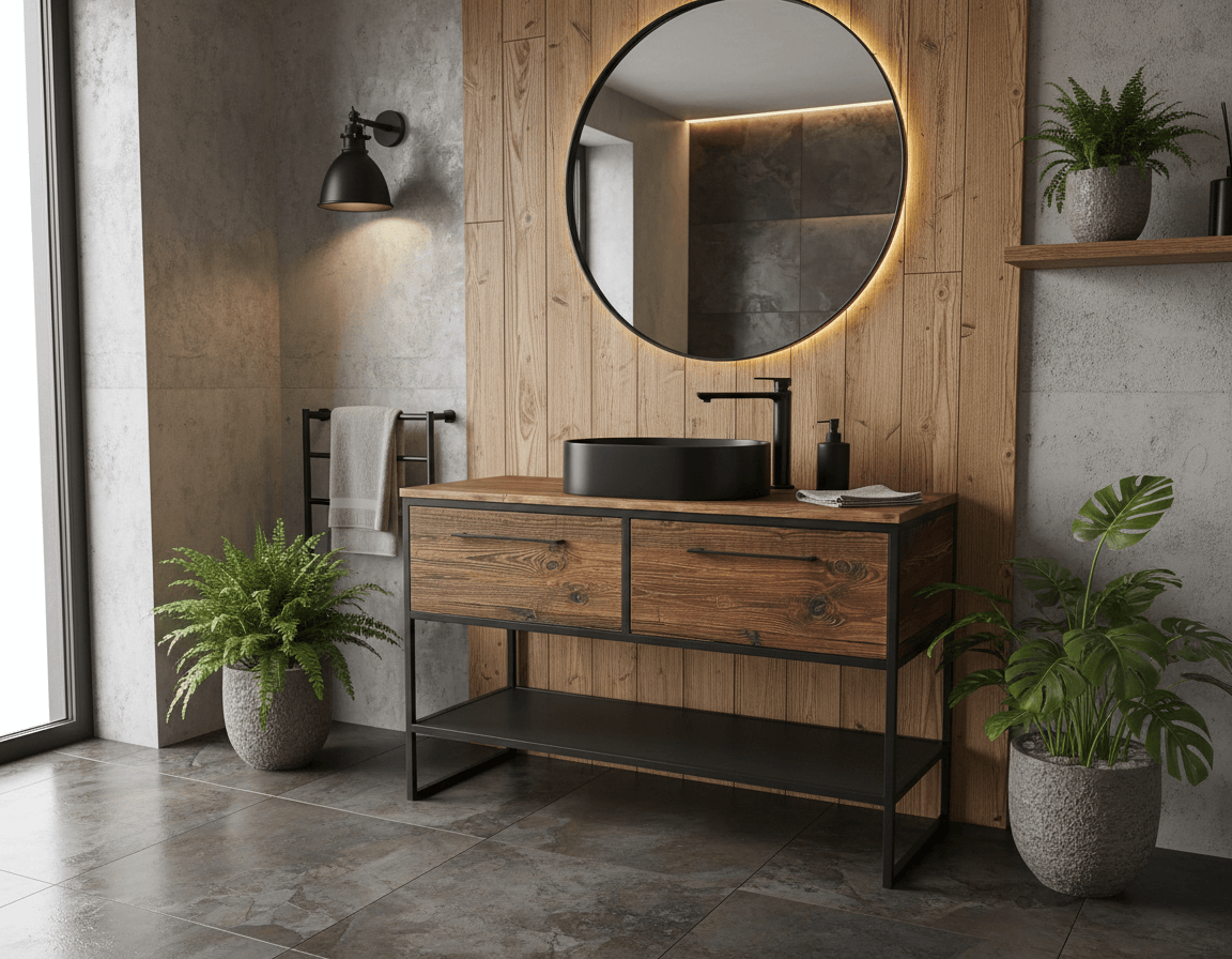 Nowoczesna łazienka z drewnianą szafką z czarną umywalką, okrągłe podświetlane lustro, betonowe ściany i podłoga, rośliny w donicach oraz czarna lampa ścienna.