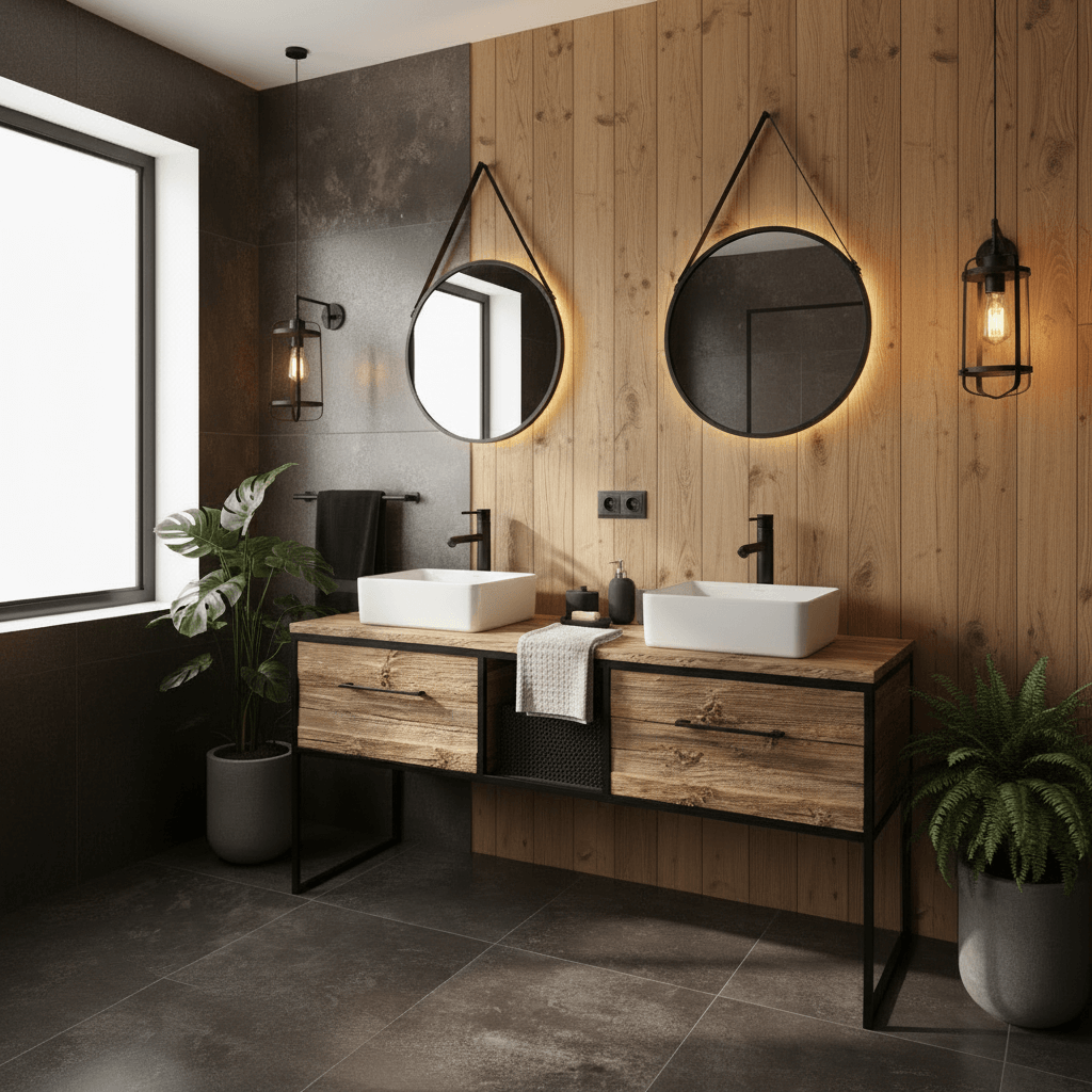 Nowoczesna łazienka z podwójną umywalką nablatową, drewnianą szafką na metalowej ramie, dwoma okrągłymi lustrami z podświetleniem i roślinami w donicach.