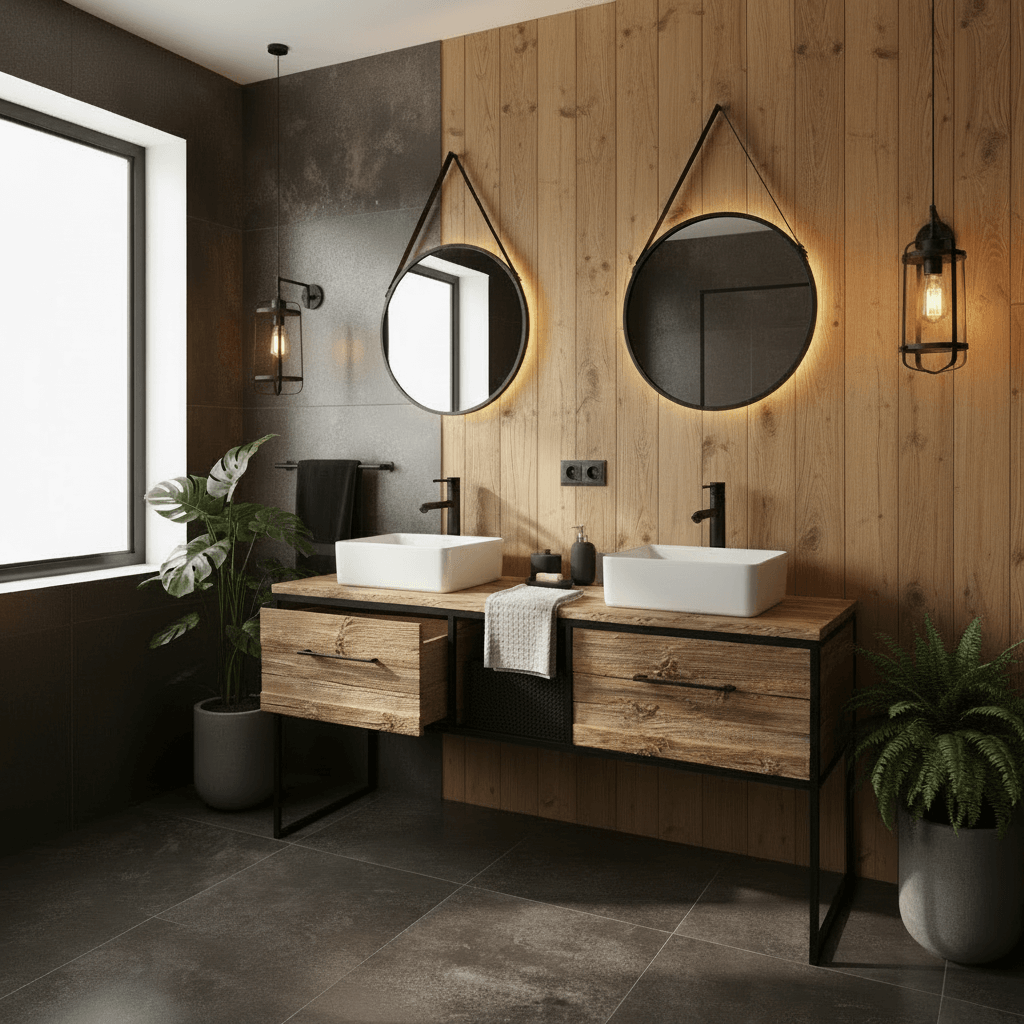Nowoczesna łazienka z podwójną umywalką nablatową, drewnianą szafką na metalowej ramie, okrągłymi lustrami z podświetleniem i roślinami doniczkowymi.