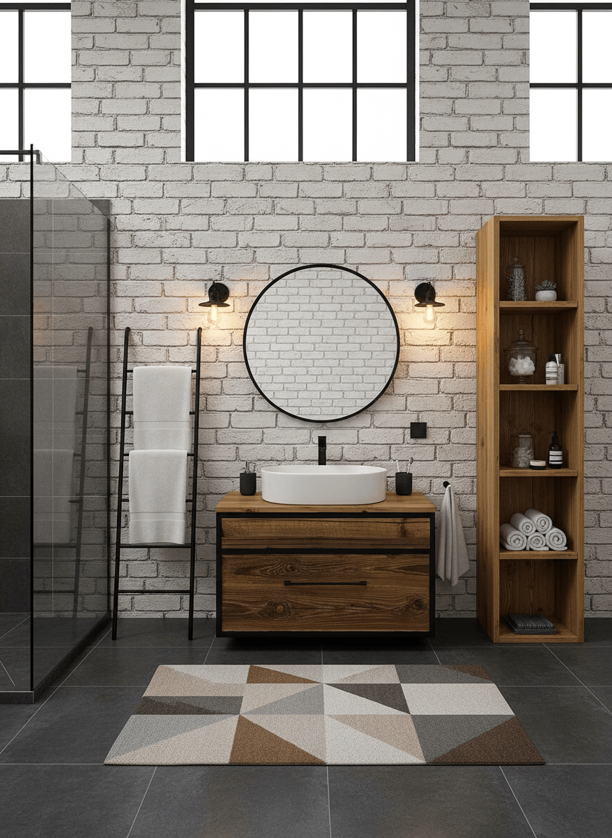 Łazienka z białą ceglaną ścianą, czarną podłogą, drewnianą szafką z umywalką, okrągłym lustrem, czarnymi kinkietami, regałem z ręcznikami i szklaną kabiną prysznicową.