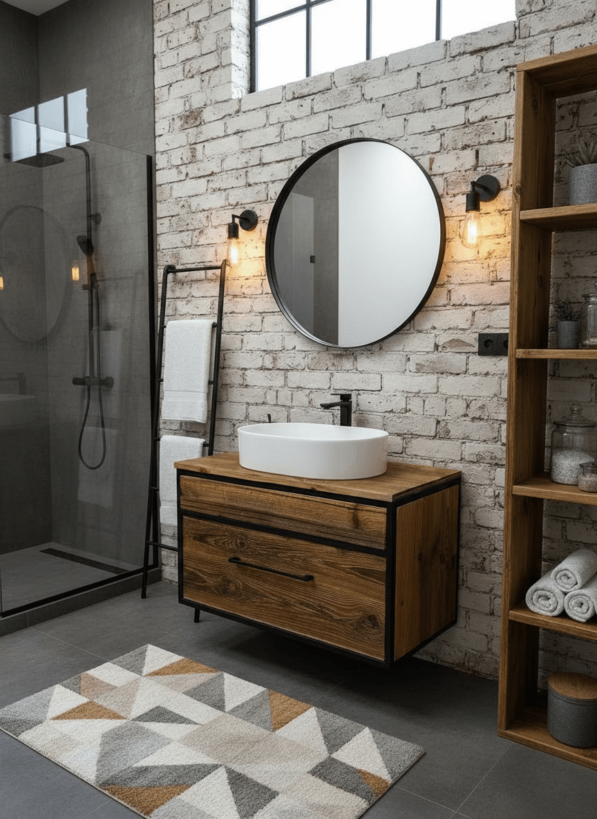 Łazienka z białą ceglaną ścianą, okrągłym lustrem, drewnianą szafką z umywalką, czarną baterią, stojakiem na ręczniki, szklaną kabiną prysznicową i drewnianą półką z ręcznikami i pojemnikami.