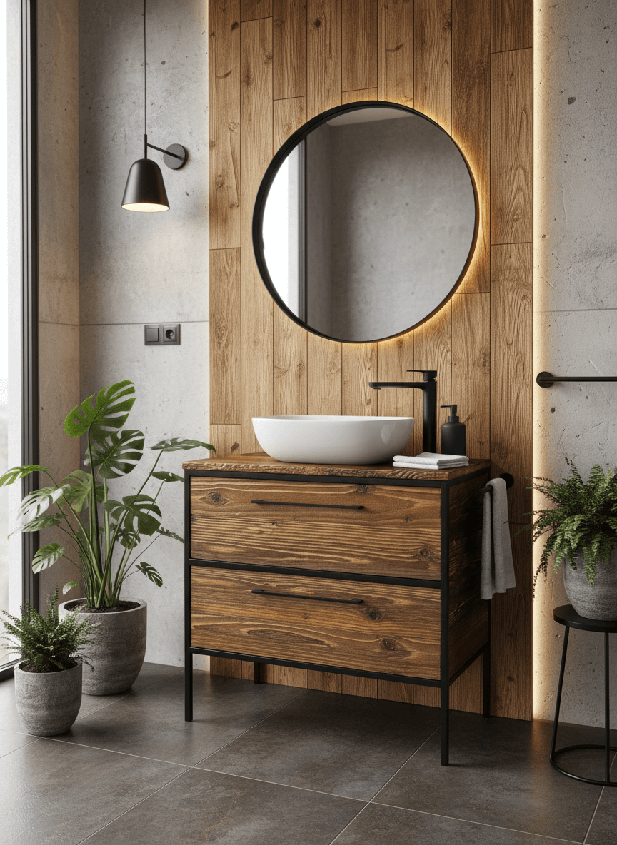 Nowoczesna łazienka z drewnianą szafką pod umywalkę, białą umywalką nablatową, okrągłym podświetlanym lustrem, czarną baterią i roślinami doniczkowymi na szarych płytkach.