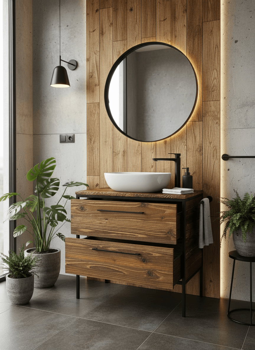 Nowoczesna łazienka z umywalką nablatową na drewnianej szafce z szufladami, okrągłe podświetlane lustro, betonowa ściana i rośliny doniczkowe.