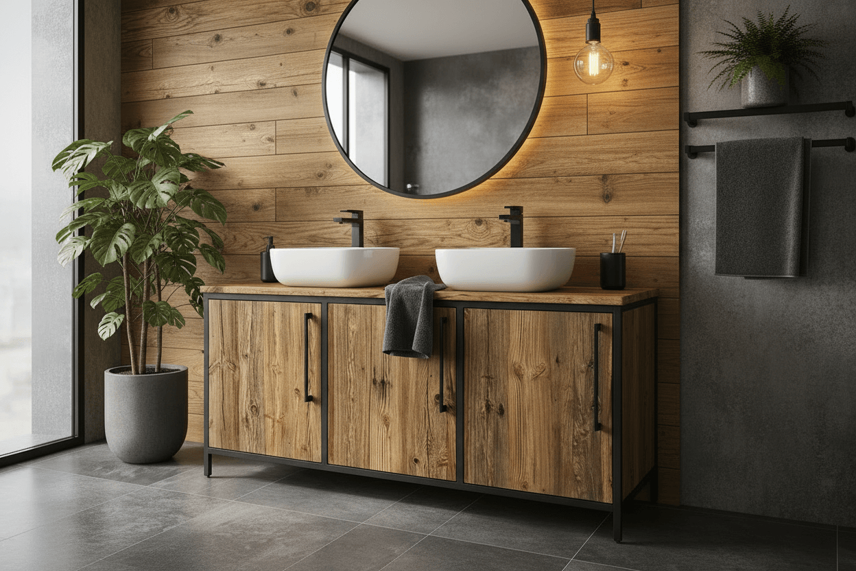 Łazienkowa szafka podwójna z umywalkami ceramicznymi, drewniana z metalowymi uchwytami, okrągłe lustro na ścianie drewnianej, roślina doniczkowa i szare ręczniki.
