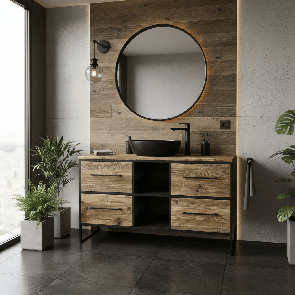 Nowoczesna łazienka z meblem z drewna i czarnego metalu, okrągłe lustro z podświetleniem, czarna umywalka, czarna bateria, zielone rośliny w betonowych donicach.