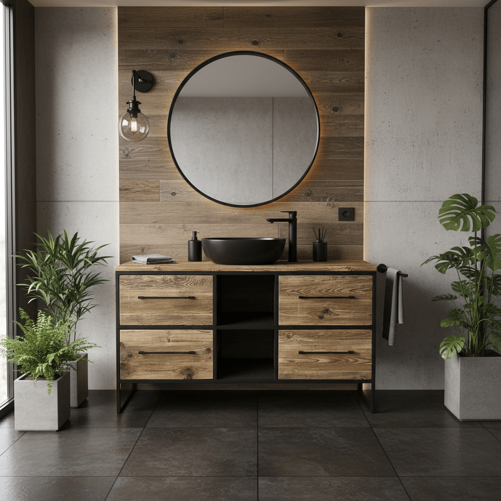 Nowoczesna łazienka z drewnianą szafką podumywalkową OLD-MAR, czarną umywalką nablatową, okrągłym lustrem z podświetleniem oraz roślinami w betonowych donicach.