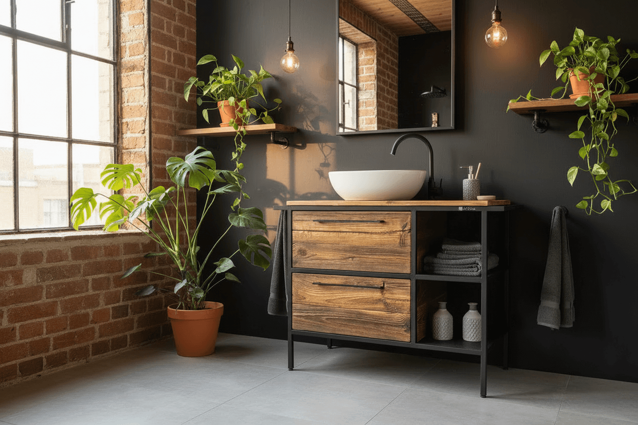 Nowoczesna łazienka z czarną ścianą, drewnianą szafką podumywalkową z czarną metalową ramą, białą umywalką nablatową, roślinami doniczkowymi i dużym oknem z ceglaną ścianą.