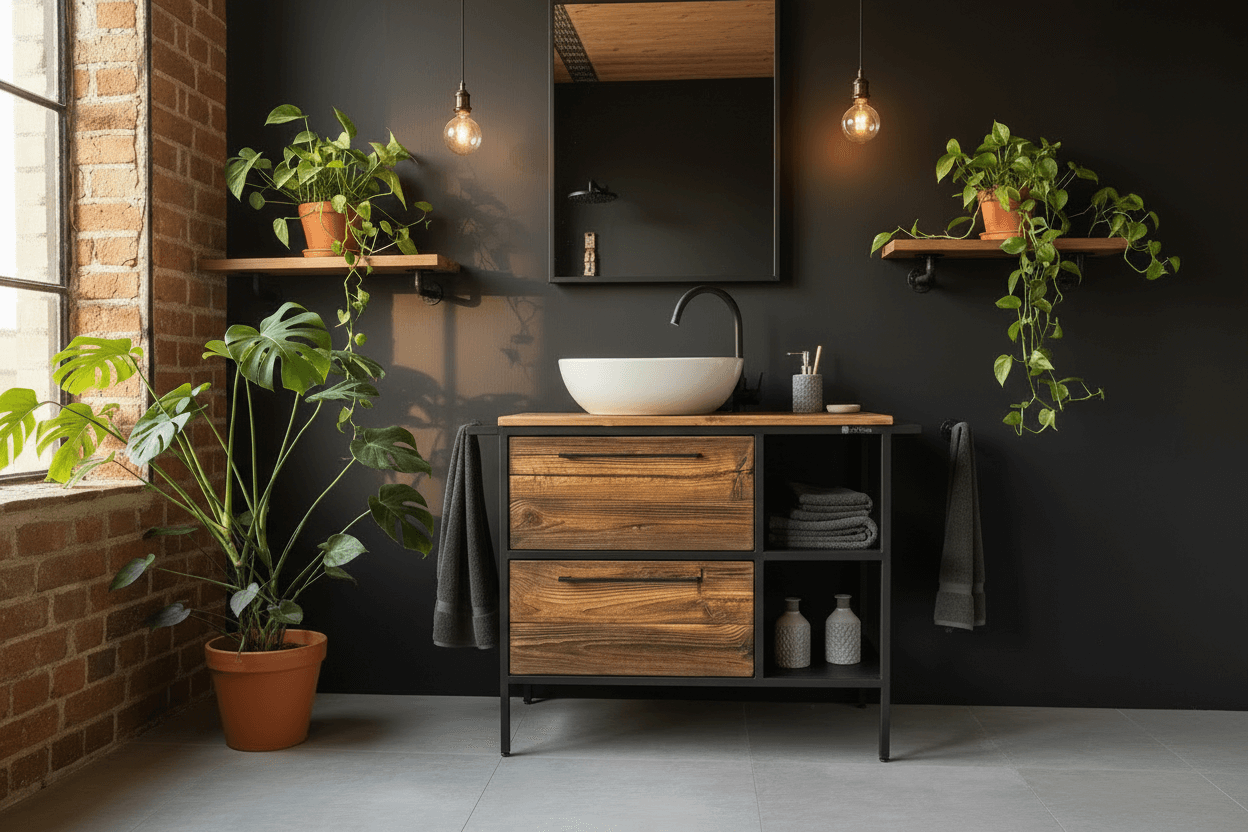 Nowoczesna łazienka z czarną ścianą, drewnianą szafką z umywalką nablatową, lustrem, wiszącymi lampami i zielonymi roślinami doniczkowymi na półkach i podłodze.
