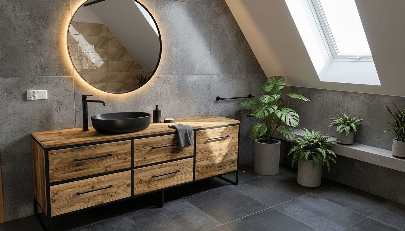 Nowoczesna łazienka z drewnianą szafką z czarną umywalką i okrągłym podświetlanym lustrem, betonowe donice z zielonymi roślinami, jasne okno dachowe.