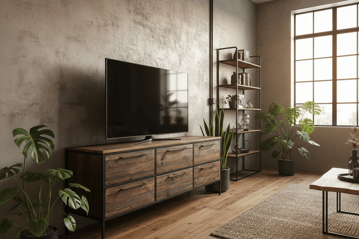 Telewizor płaski na drewnianej szafce RTV z sześcioma szufladami, w nowoczesnym wnętrzu z dużym oknem, regałem metalowo-drewnianym oraz zielonymi roślinami doniczkowymi.