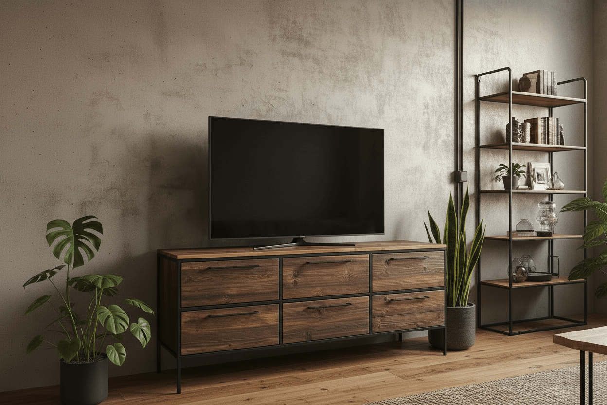 Czarna płaska telewizja na drewnianej szafce z sześcioma szufladami, dwie doniczki z zielonymi roślinami po bokach, metalowa półka z książkami i dekoracjami, drewniana podłoga, jasna ściana.