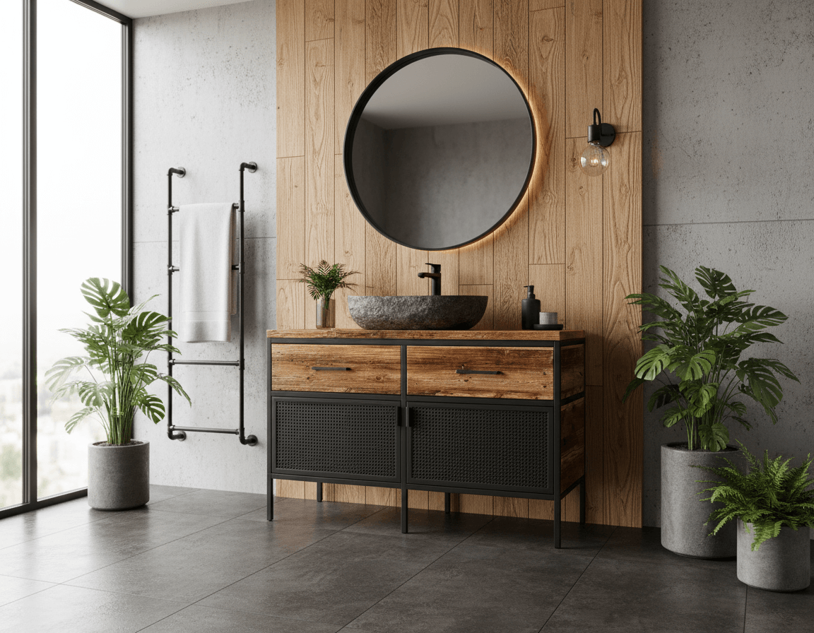 Nowoczesna łazienka z drewnianą szafką pod umywalkę, okrągłym podświetlanym lustrem, czarną armaturą i dekoracyjnymi roślinami w betonowych donicach.