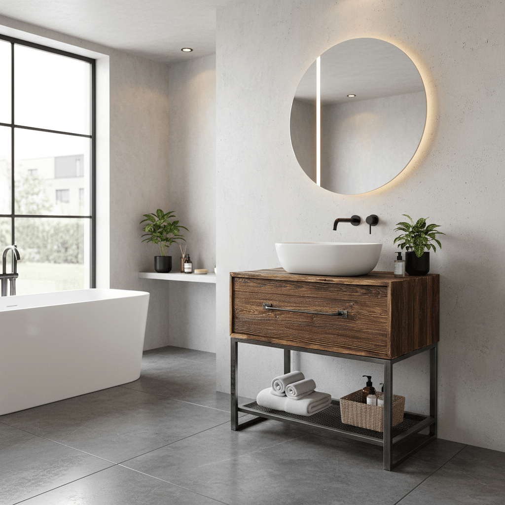 Minimalistyczna łazienka z wolnostojącą białą wanną, drewnianą szafką pod umywalkę, okrągłym podświetlanym lustrem i roślinami na blacie oraz na półce pod umywalką.