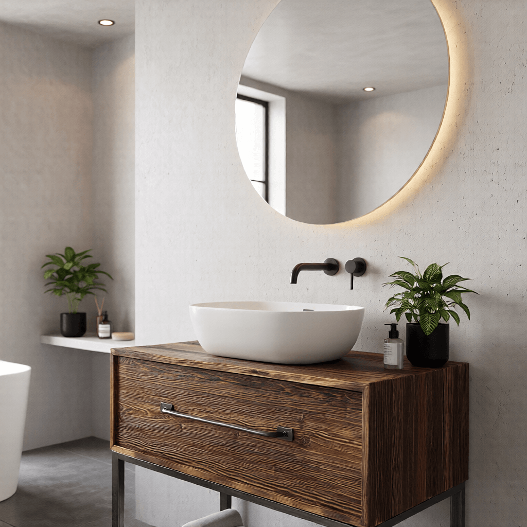 Owalna biała umywalka na drewnianej szafce z metalową rączką, okrągłe podświetlane lustro, czarna bateria ścienna, rośliny w czarnych doniczkach na szafce i półce.