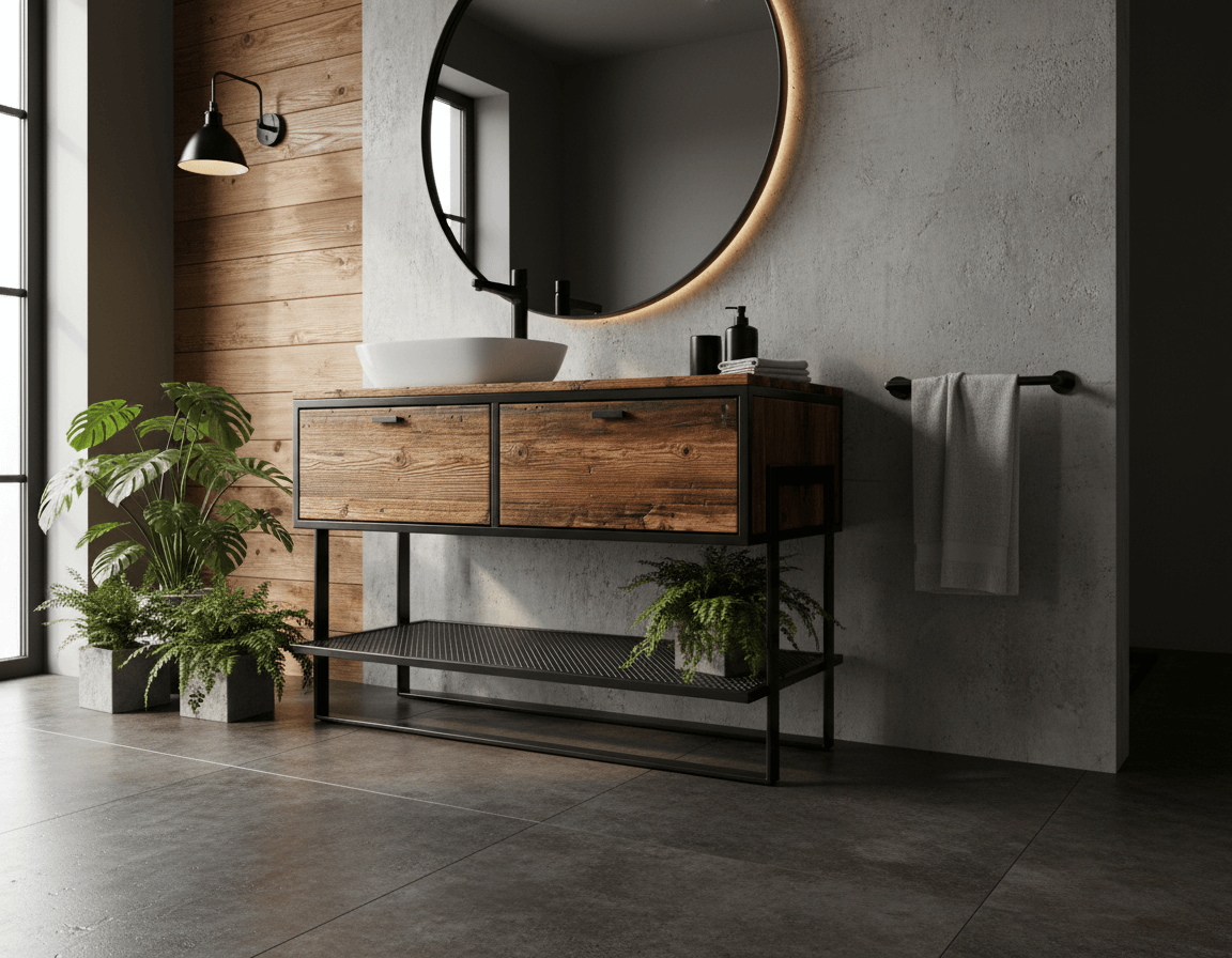 Nowoczesna łazienka z drewnianą szafką pod umywalkę, okrągłym podświetlanym lustrem, czarną baterią, roślinami w betonowych donicach i ręcznikiem na czarnym wieszaku.