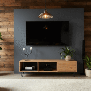 Salon z drewnianą ścianą, szarą ścianą z zamontowanym telewizorem, drewnianą szafką RTV, dwoma doniczkami z roślinami i lampą sufitową z żarówką.