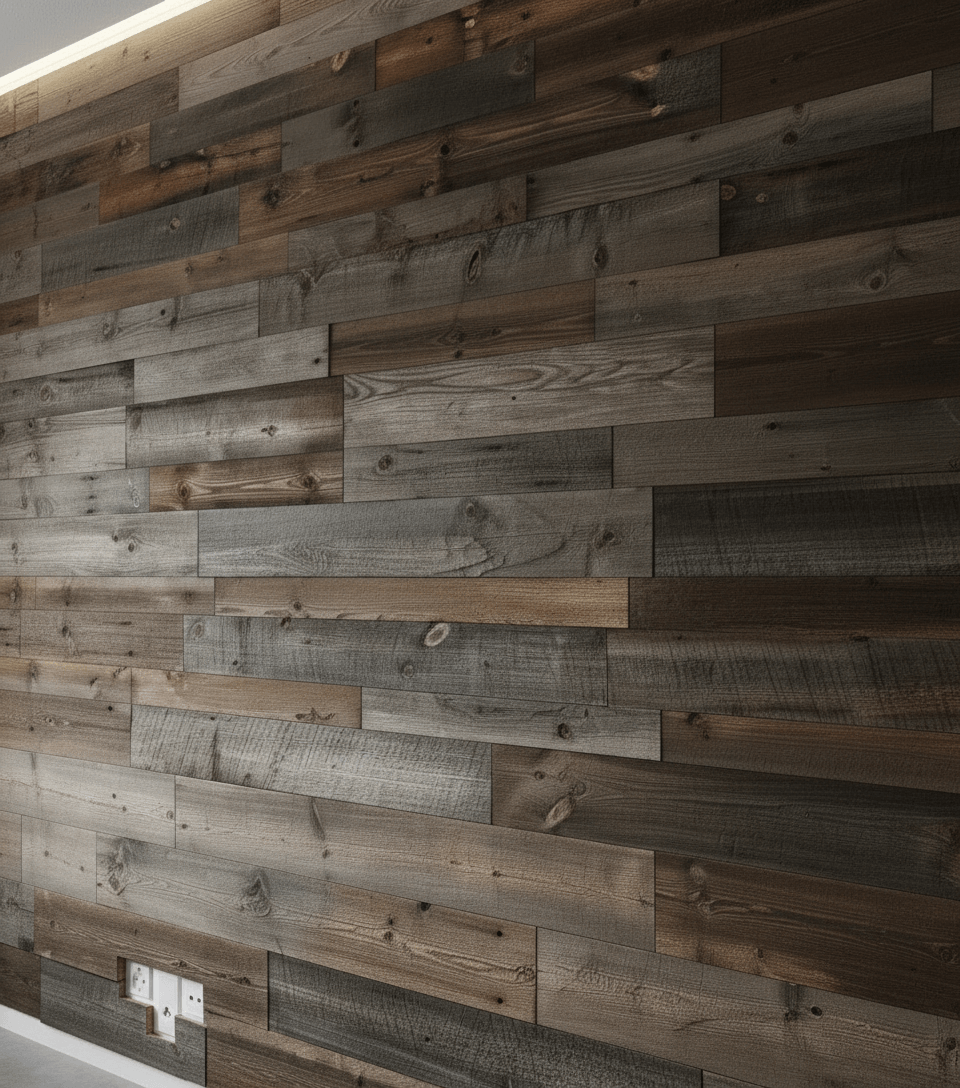 Panele ścienne drewniane w różnych odcieniach brązu i szarości, ułożone poziomo, z widocznymi sękami i fakturą drewna, z gniazdkiem elektrycznym u dołu.