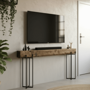 Telewizor ścienny z płaskim ekranem nad drewnianą konsolą na metalowych nogach w minimalistycznym salonie. Na konsoli czarna listwa dźwiękowa i dekoracje.