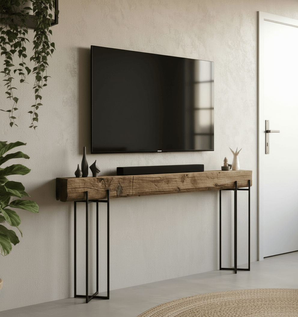 Telewizor ścienny z płaskim ekranem nad drewnianą konsolą na metalowych nogach w minimalistycznym salonie. Na konsoli czarna listwa dźwiękowa i dekoracje.