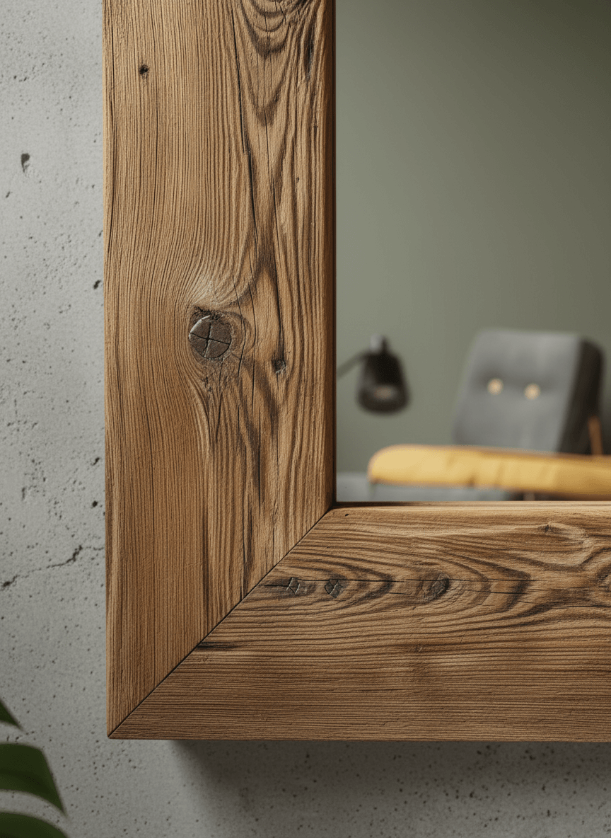 Lustro ścienne z drewnianą ramą o widocznej strukturze drewna i sękach, w odbiciu rozmyty fotel szary i lampa na tle zielonej ściany.